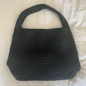 Black Vegan Leather Woven Shoulder Bag